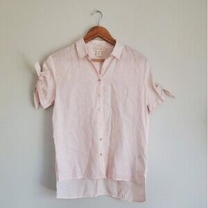 Cynthia Rowley 100% Linen light pink collard sleeve accent button up size Small